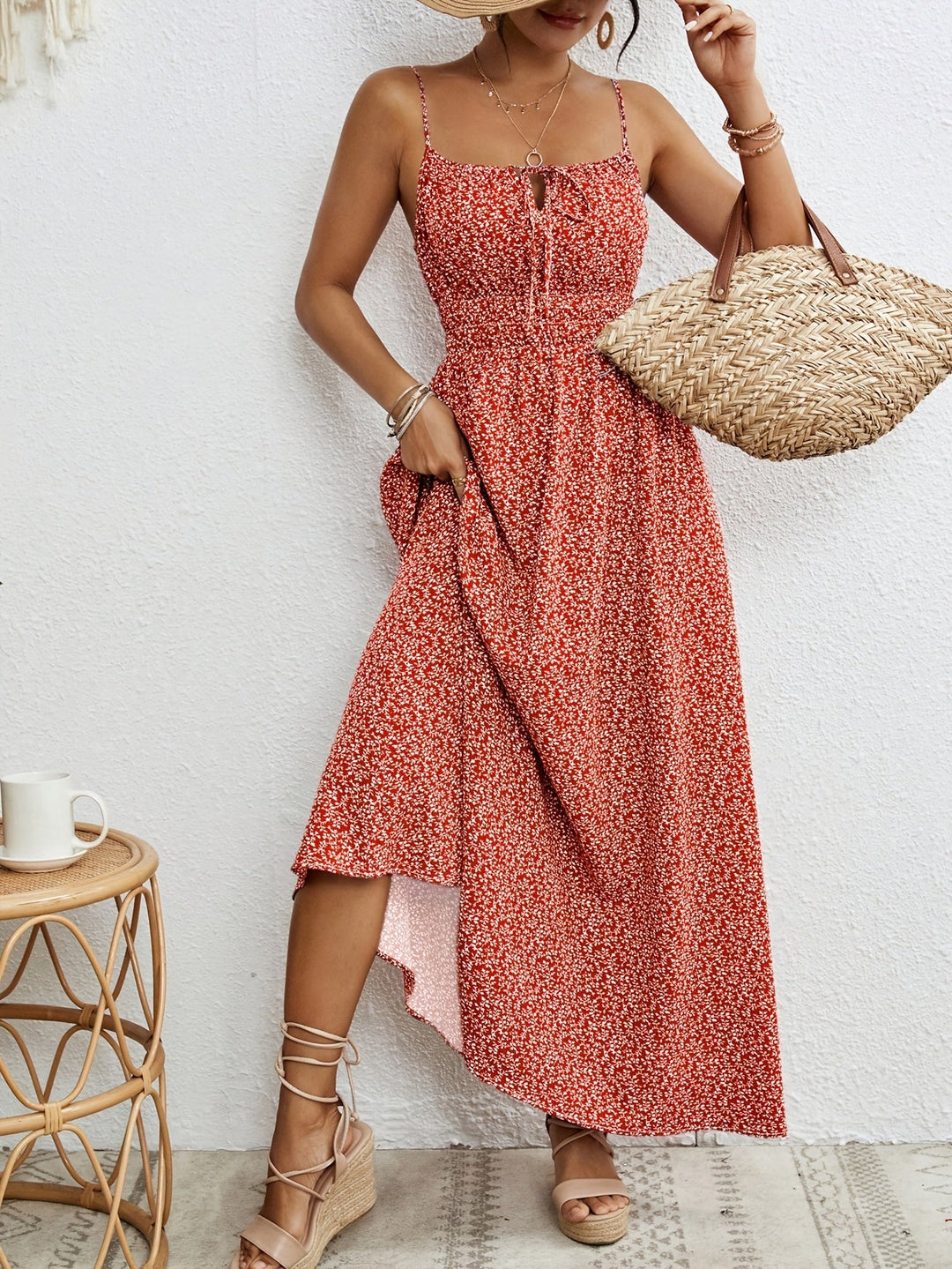 Maeve - Botanical Print Ruffle Spaghetti Strap Dress