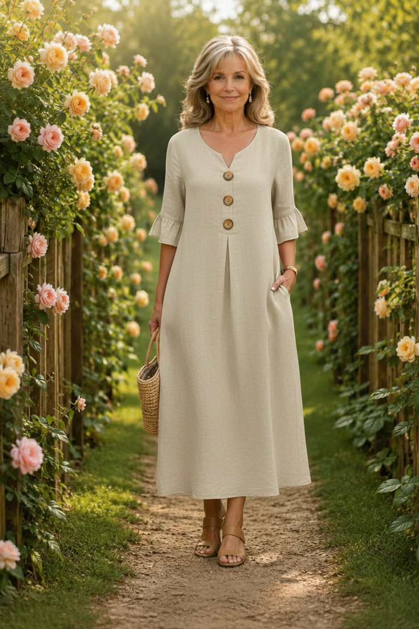 Contrina - Button-Front A-Line Midi Dress