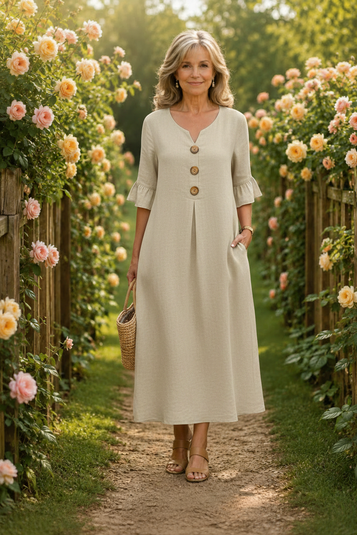 Contrina - Button-Front A-Line Midi Dress