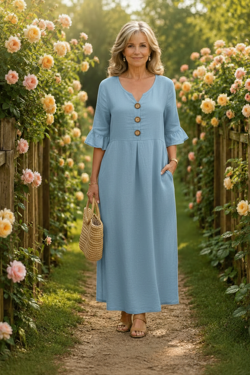 Contrina - Button-Front A-Line Midi Dress