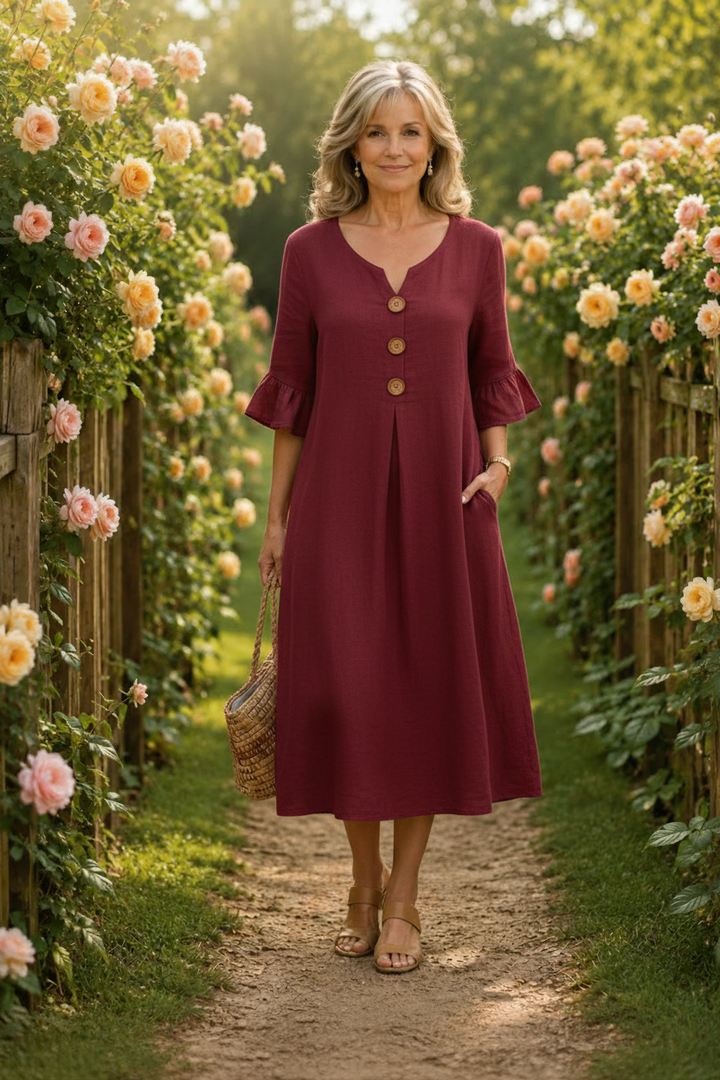 Contrina - Button-Front A-Line Midi Dress