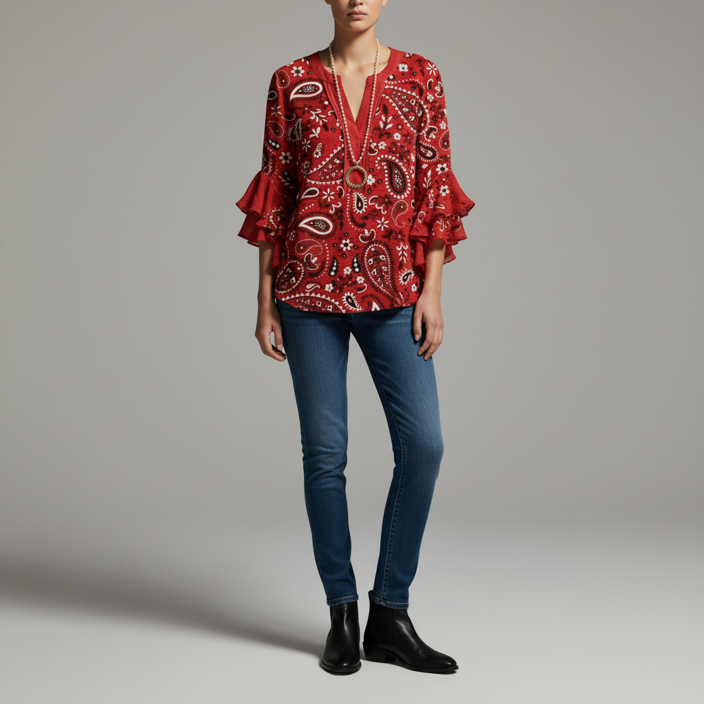 Ruffle Sleeve V-Neck Blouse