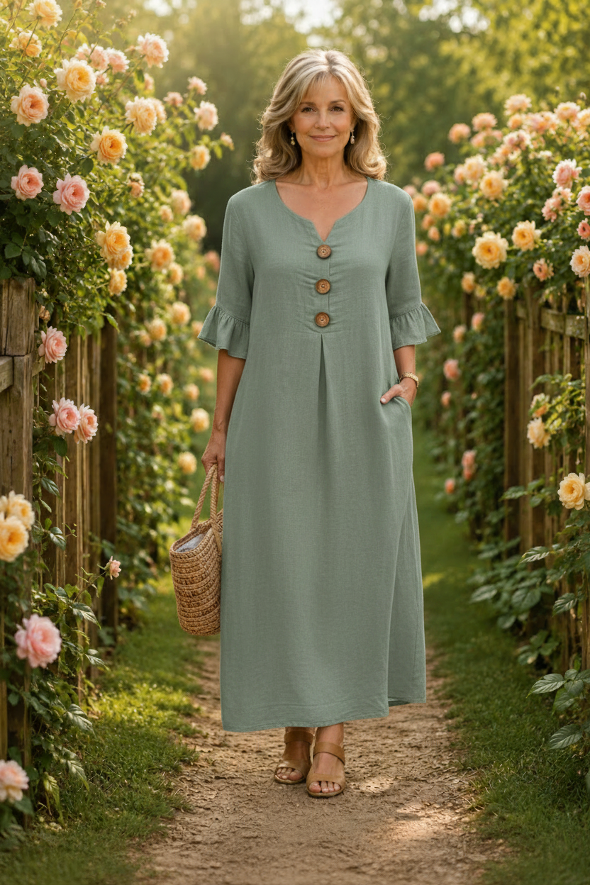Contrina - Button-Front A-Line Midi Dress