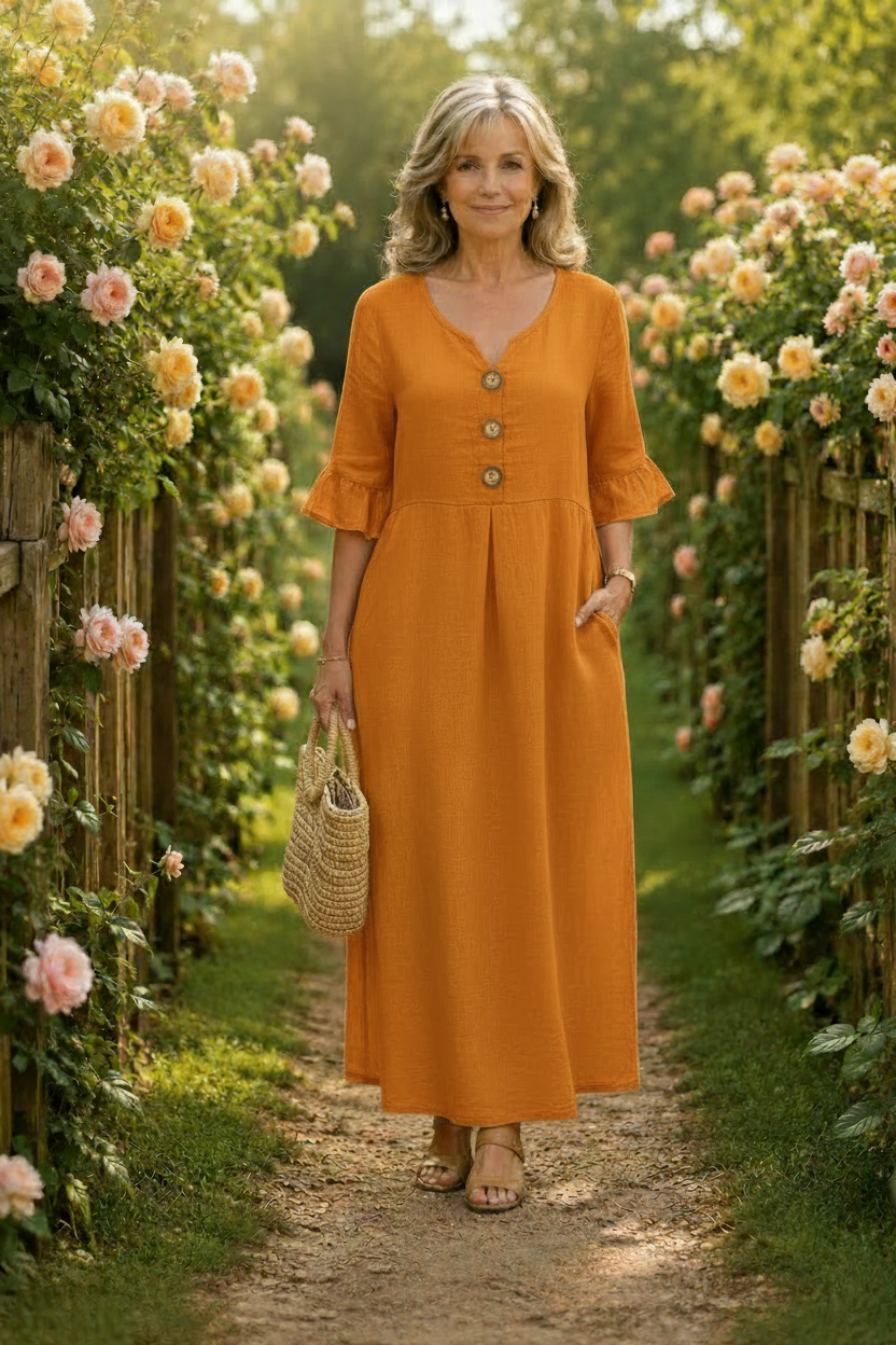 Contrina - Button-Front A-Line Midi Dress