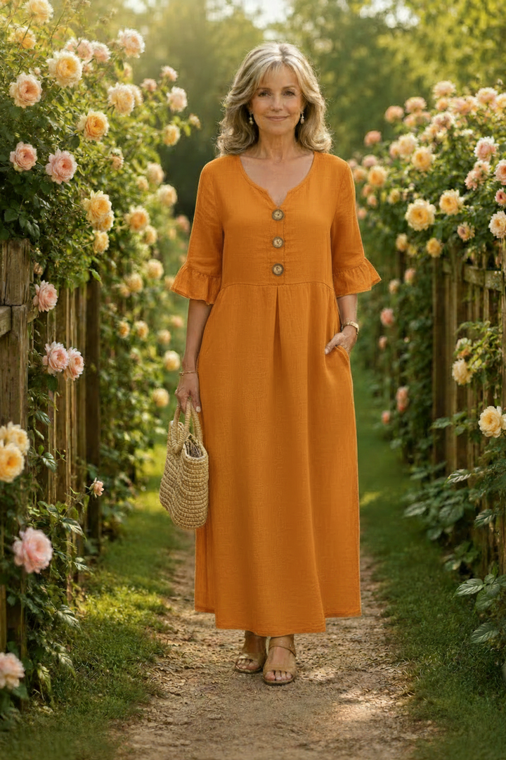 Contrina - Button-Front A-Line Midi Dress