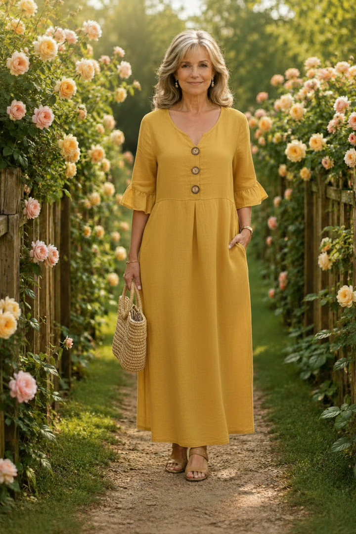 Contrina - Button-Front A-Line Midi Dress