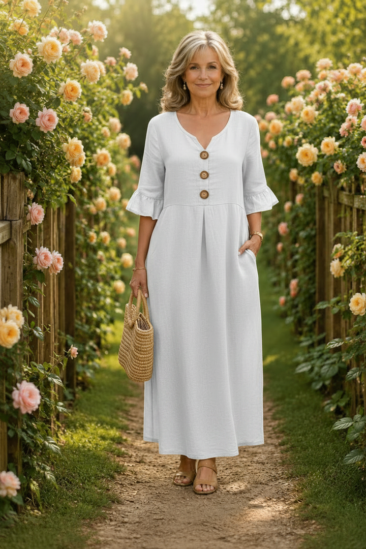 Contrina - Button-Front A-Line Midi Dress