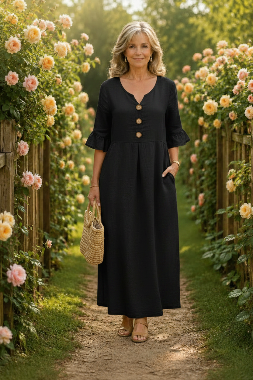 Contrina - Button-Front A-Line Midi Dress